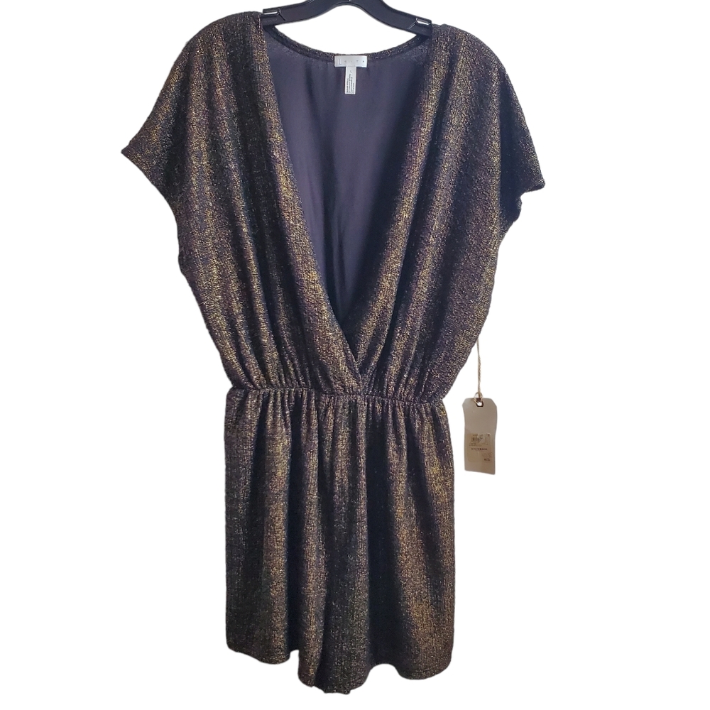 NWT Leith Black and Gold Metallic Sursplice Romper Elastic Waist Size Large